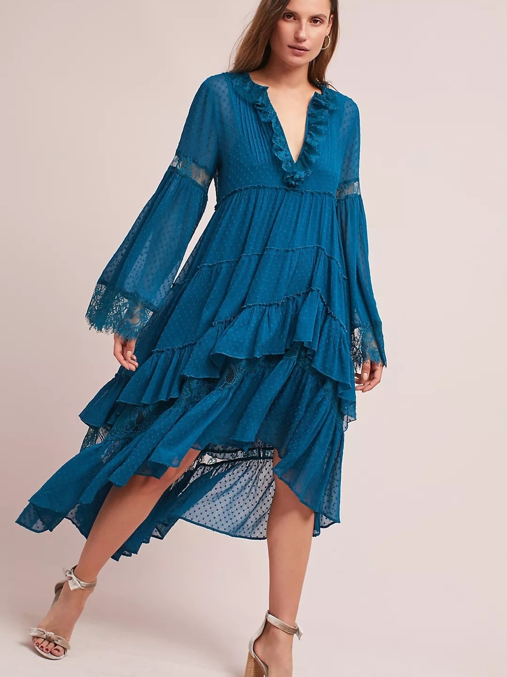 Maeve Teal Tiered Ruffle Midi Dress